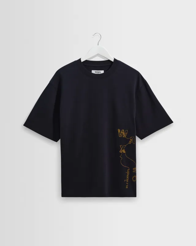 Milton - Navy And Gold Trailing Logo Organic Cotton T-Shirt made by Wax London