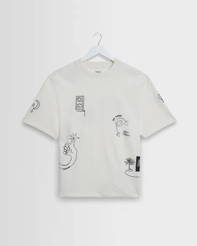 Milton - Ecru And Navy Doodle Graphic Organic Cotton T-Shirt made by Wax London