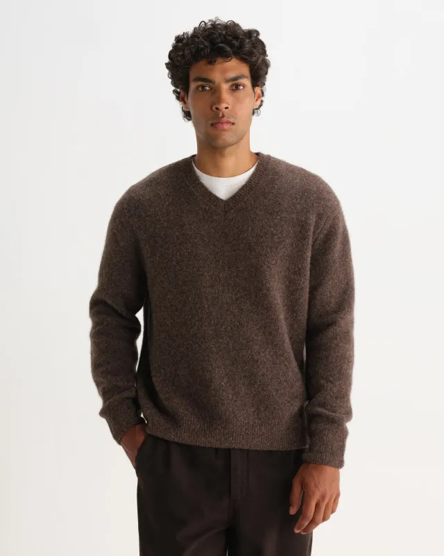 KEMP V NECK FLUFFY WOOL BLEND CHOCOLATE BROWN made by Wax London