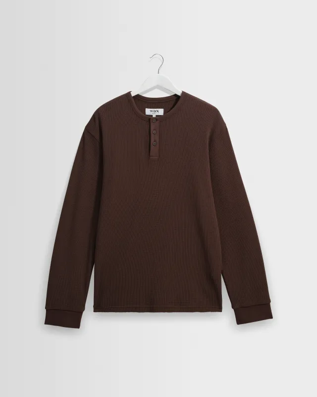 Caleb - Brown Waffle Cotton Henley Long-Sleeve T-Shirt made by Wax London