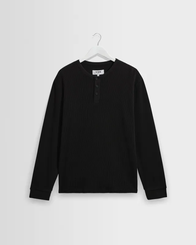 Caleb - Washed Black Waffle Cotton Henley Long-Sleeve T-Shirt made by Wax London