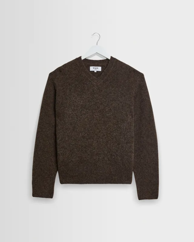 Kemp - Brown Brushed Fluffy V-Neck Jumper made by Wax London