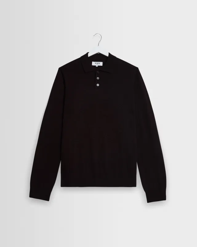 Lawrie - Dark Brown Long-Sleeve Knitted Polo made by Wax London