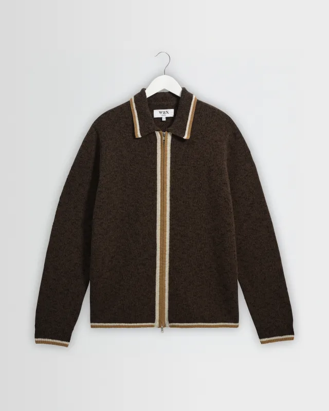 Lennox - Brown And Natural Long-Sleeve Knitted Zip Polo made by Wax London