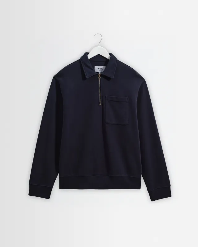 Reeve - Washed Navy Loopback Organic Cotton Collared Sweatshirt made by Wax London