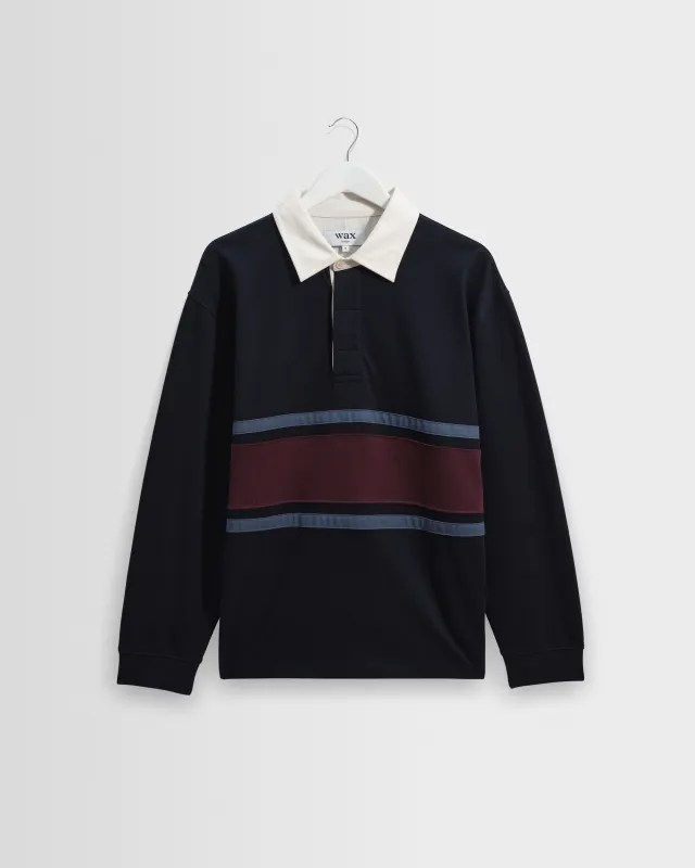 Rowhill - Navy And Purple Stripe Loopback Rugby Shirt made by Wax London