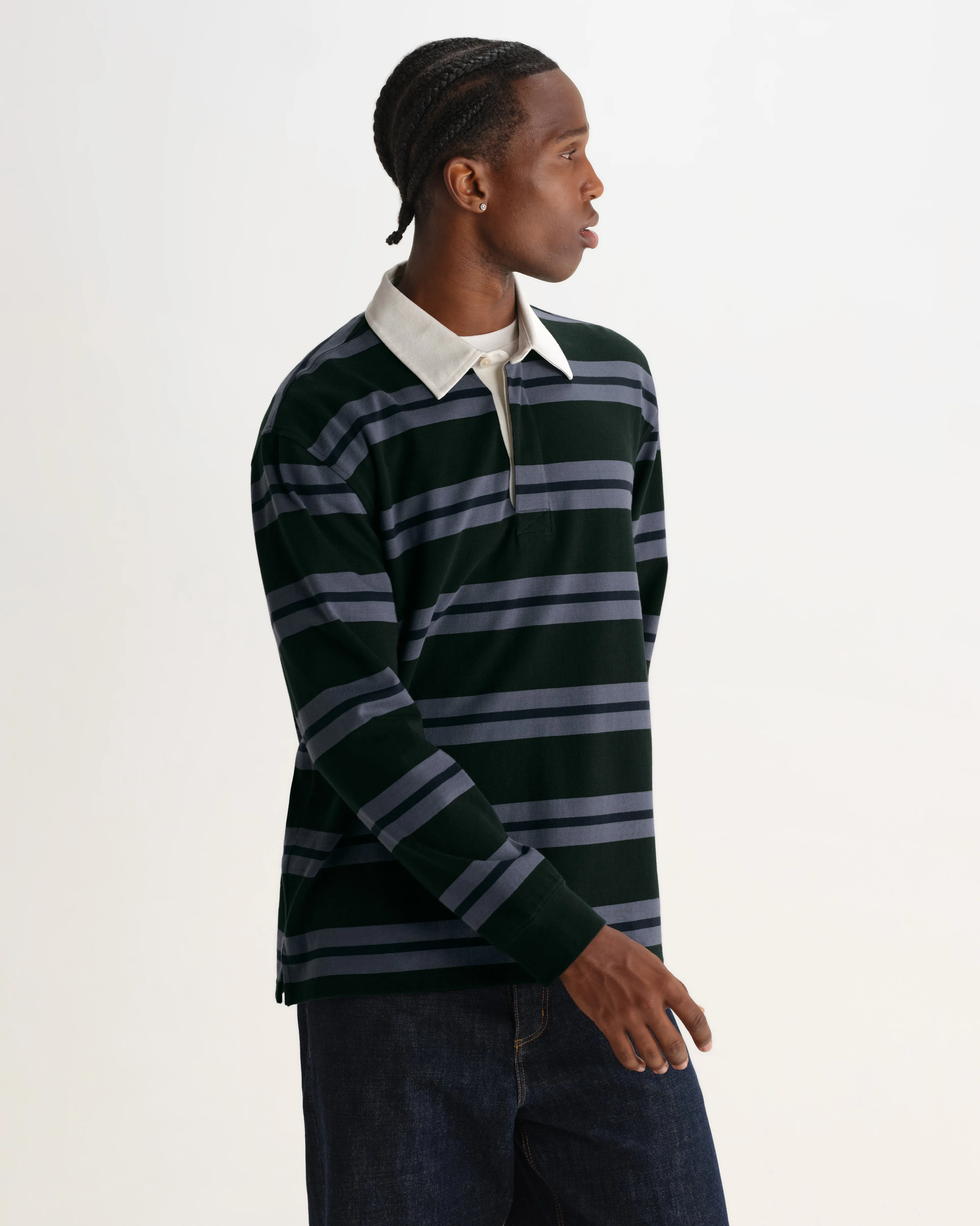 Rowhill - Bottle Green And Blue Mirror Stripe Loopback Rugby Shirt sold by Wax London product image thumbnail 2