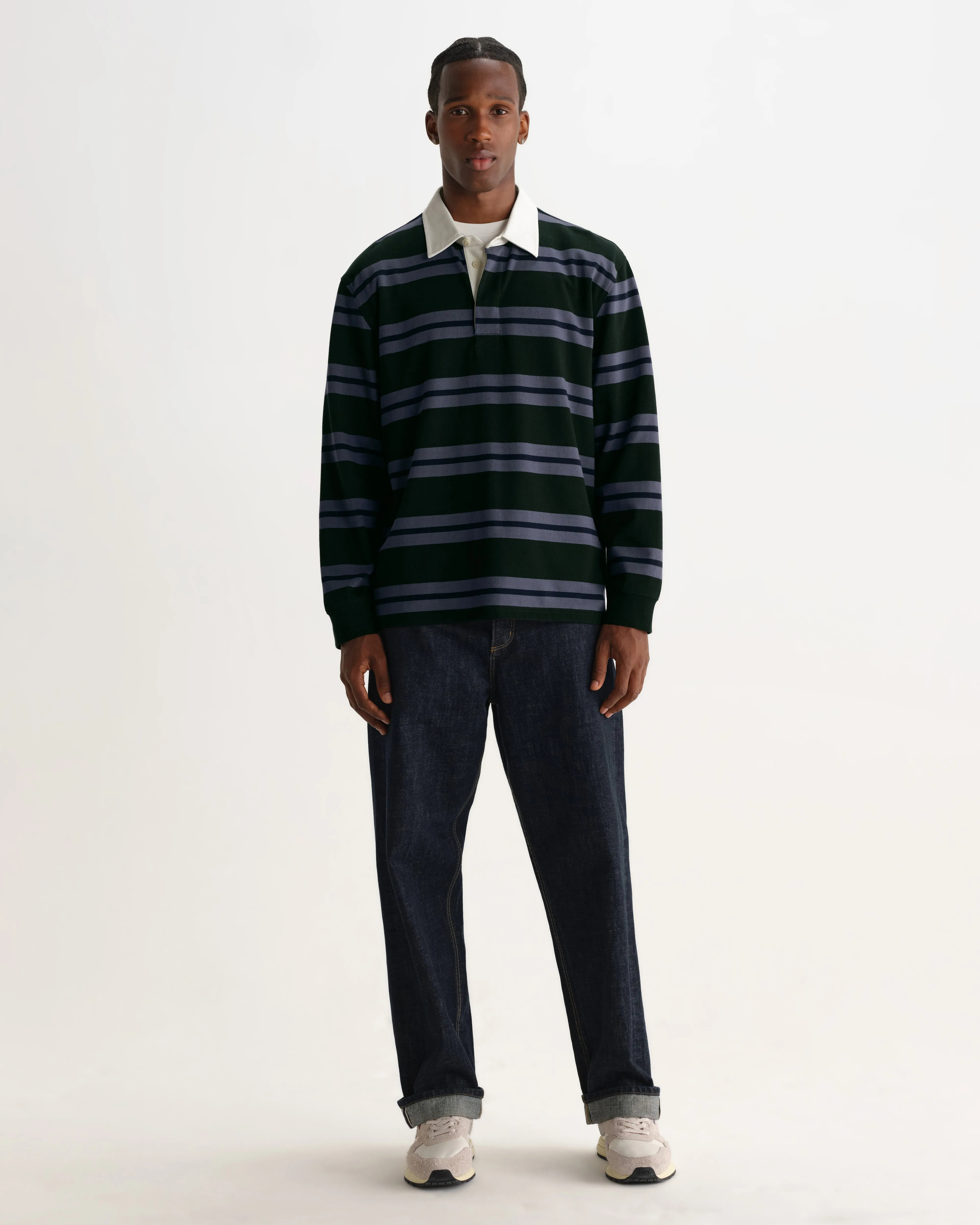 Rowhill - Bottle Green And Blue Mirror Stripe Loopback Rugby Shirt sold by Wax London product image thumbnail 5