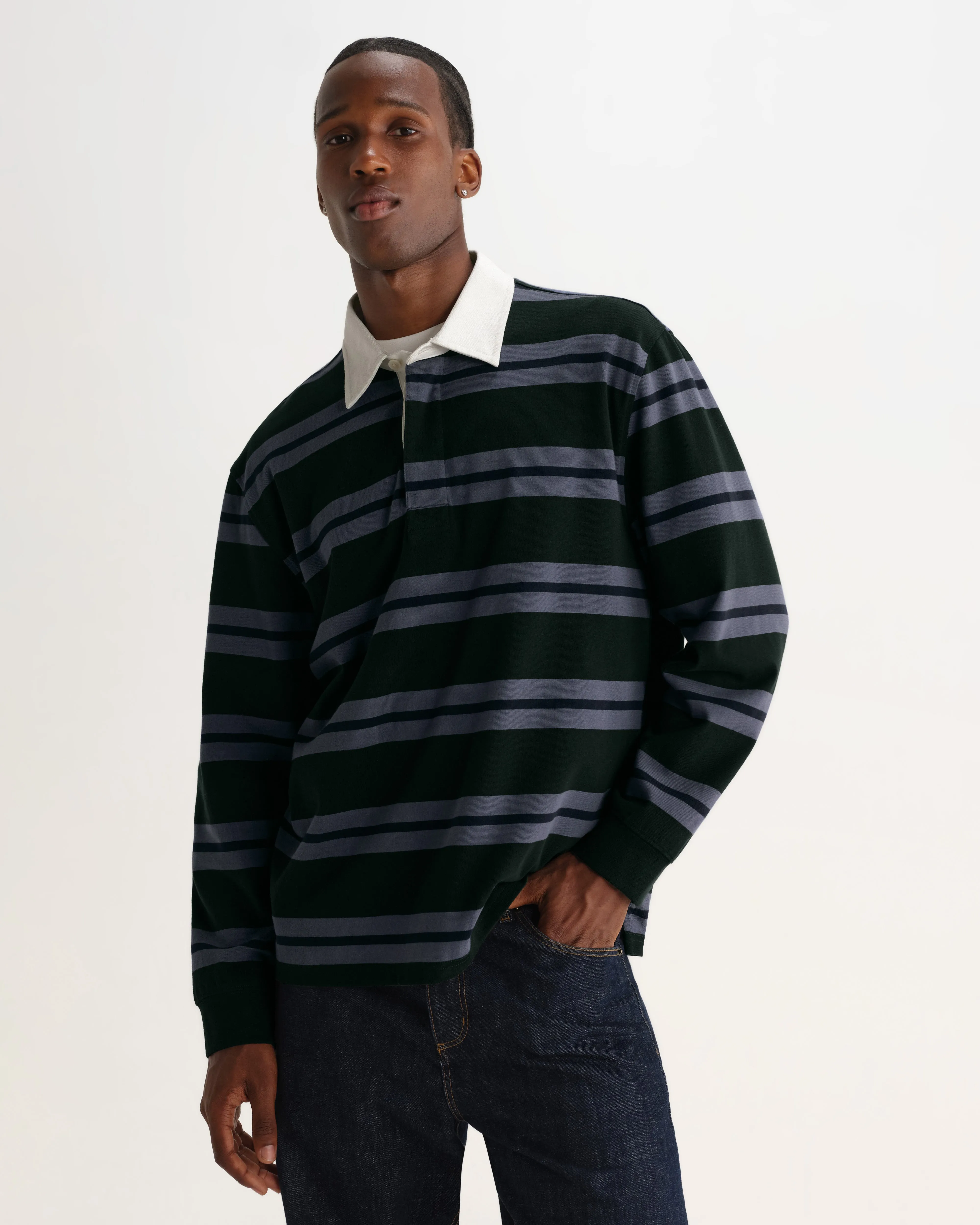 Rowhill - Bottle Green And Blue Mirror Stripe Loopback Rugby Shirt sold by Wax London product image thumbnail 3