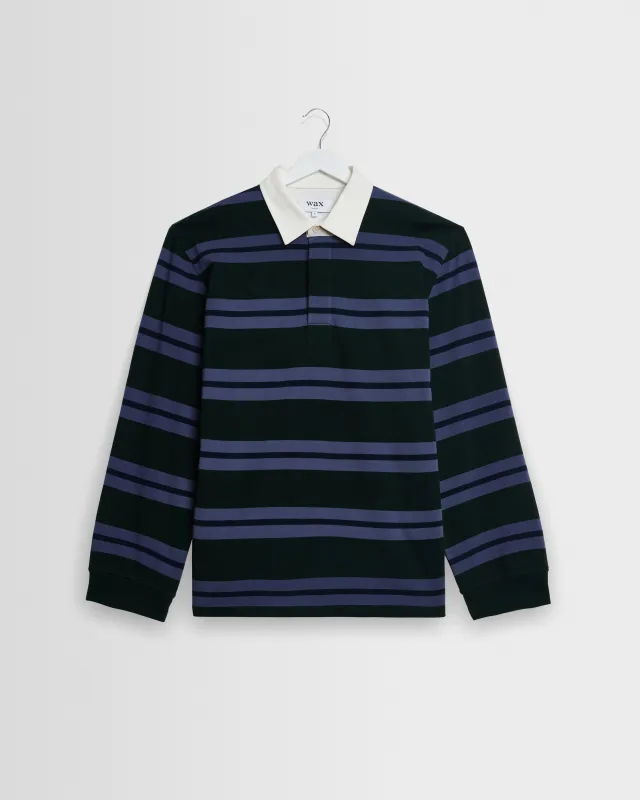 Rowhill - Bottle Green And Blue Mirror Stripe Loopback Rugby Shirt made by Wax London