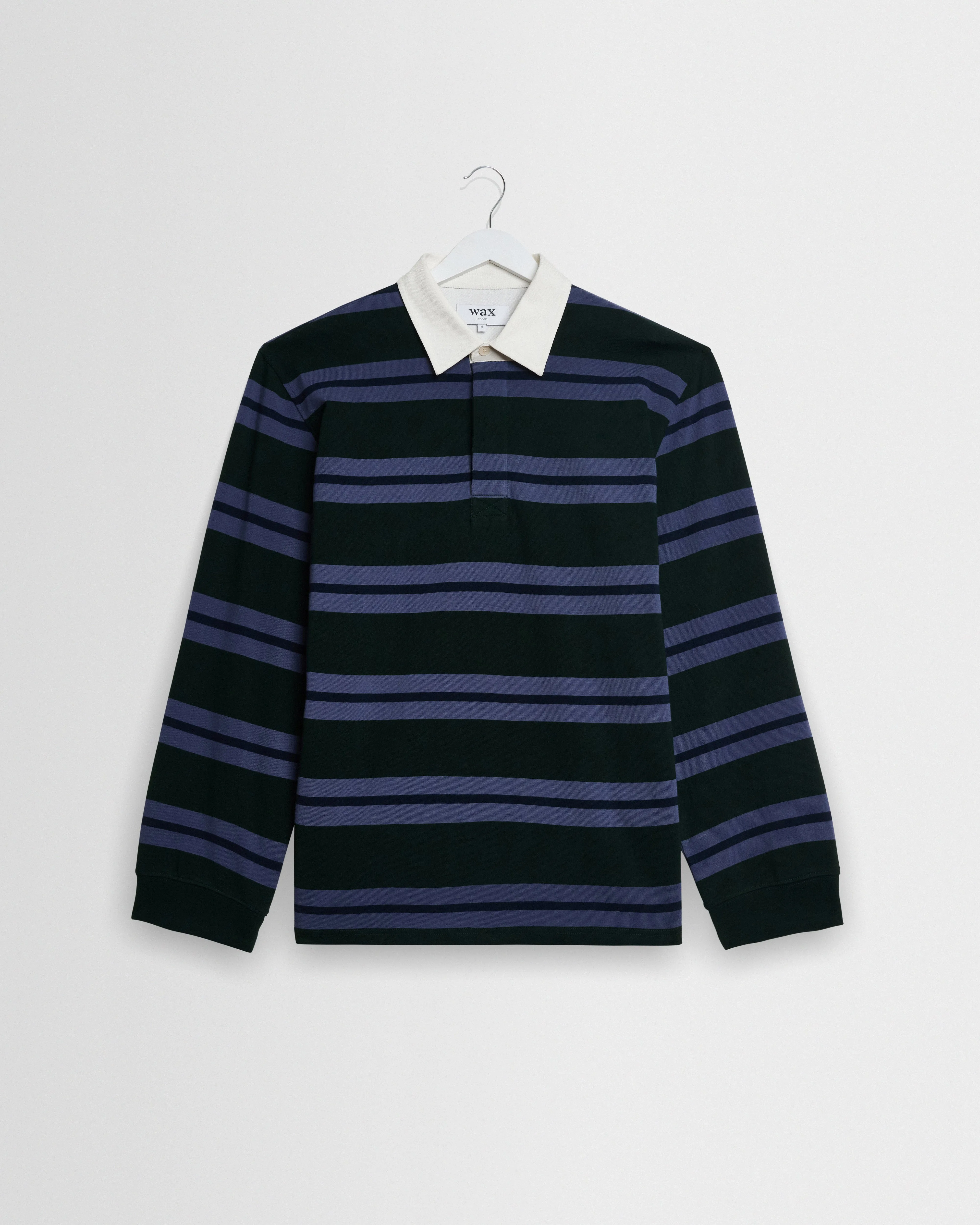 Rowhill - Bottle Green And Blue Mirror Stripe Loopback Rugby Shirt sold by Wax London