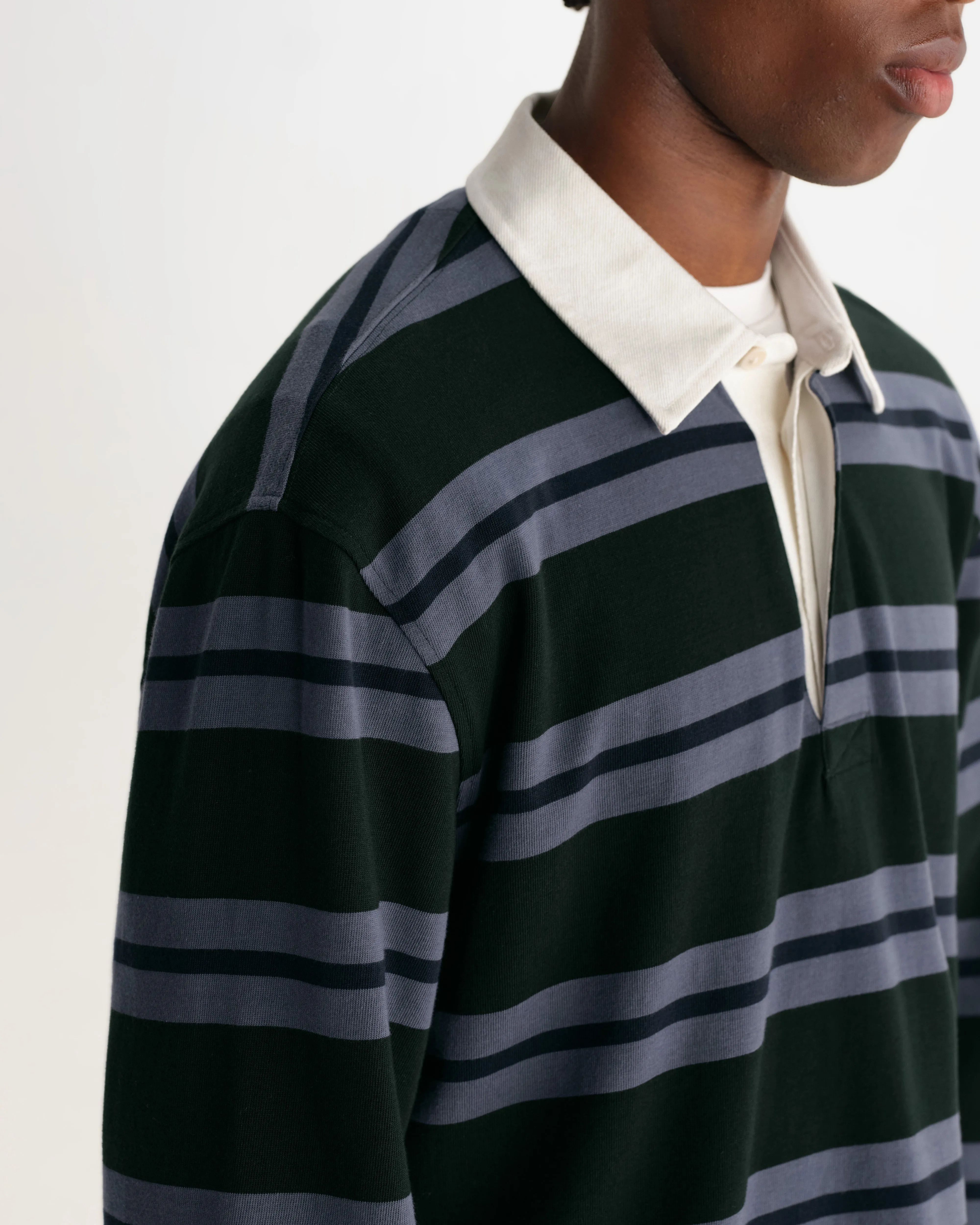 Rowhill - Bottle Green And Blue Mirror Stripe Loopback Rugby Shirt sold by Wax London product image thumbnail 4