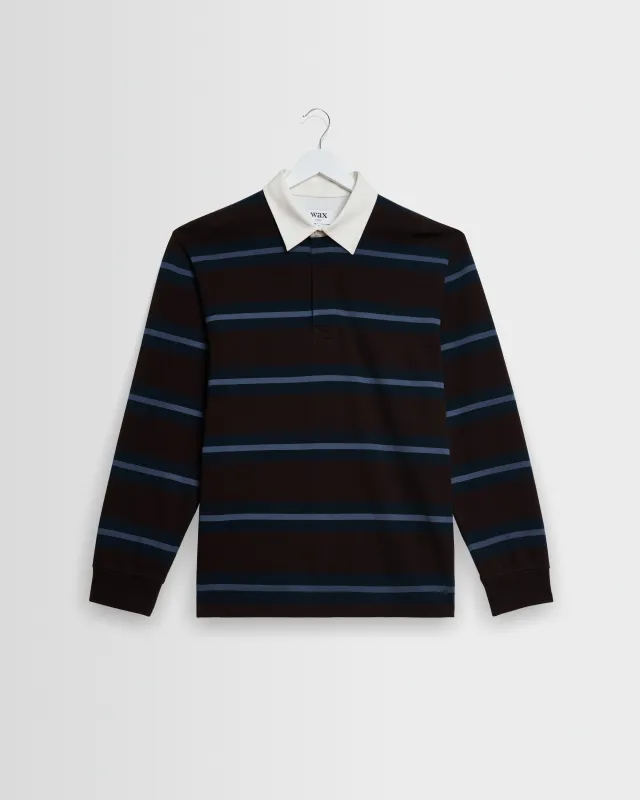 Rowhill - Brown And Blue Mirror Stripe Loopback Rugby Shirt made by Wax London