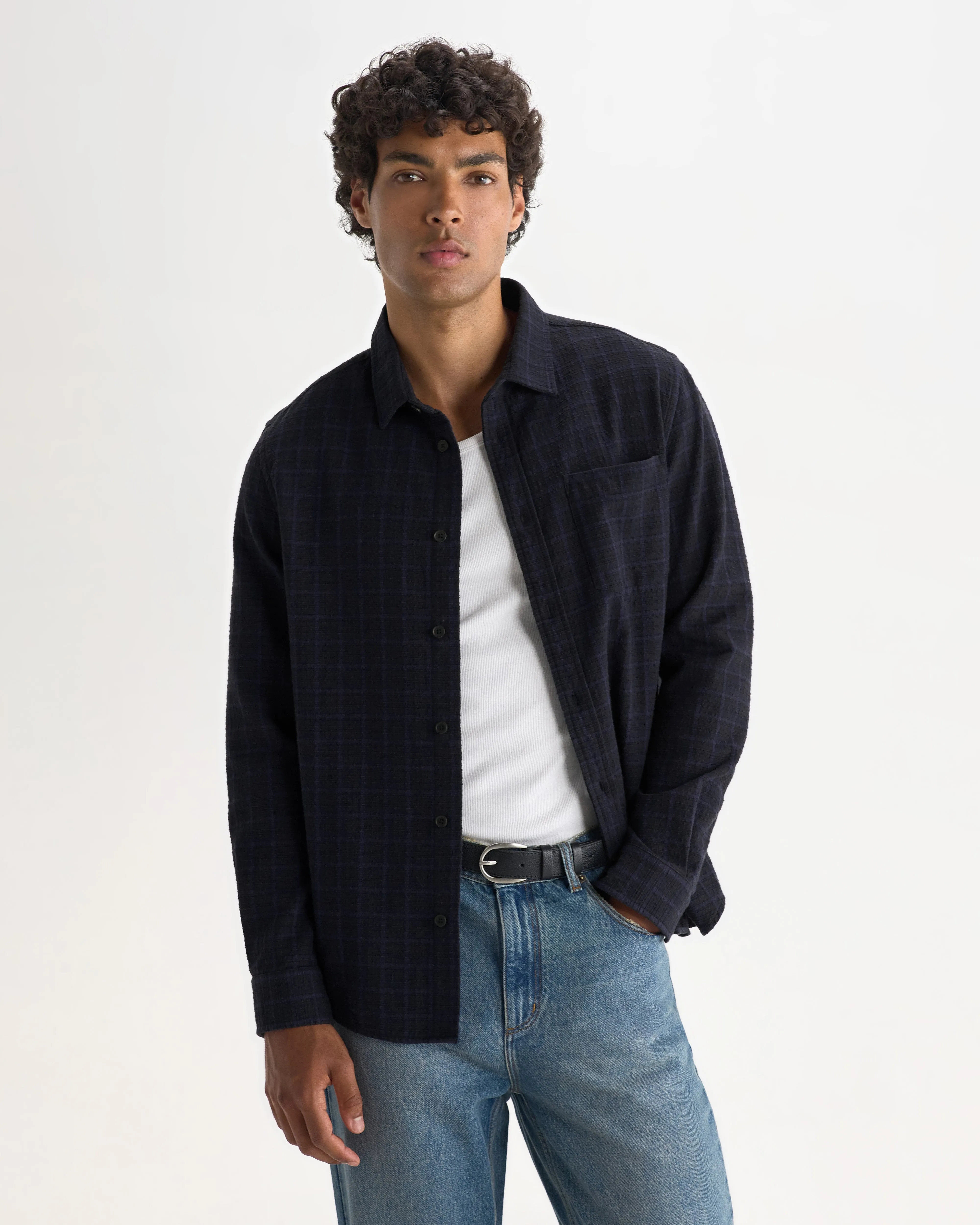 Shelly - Navy And Black Check Dobby Cotton Shirt sold by Wax London product image thumbnail 3
