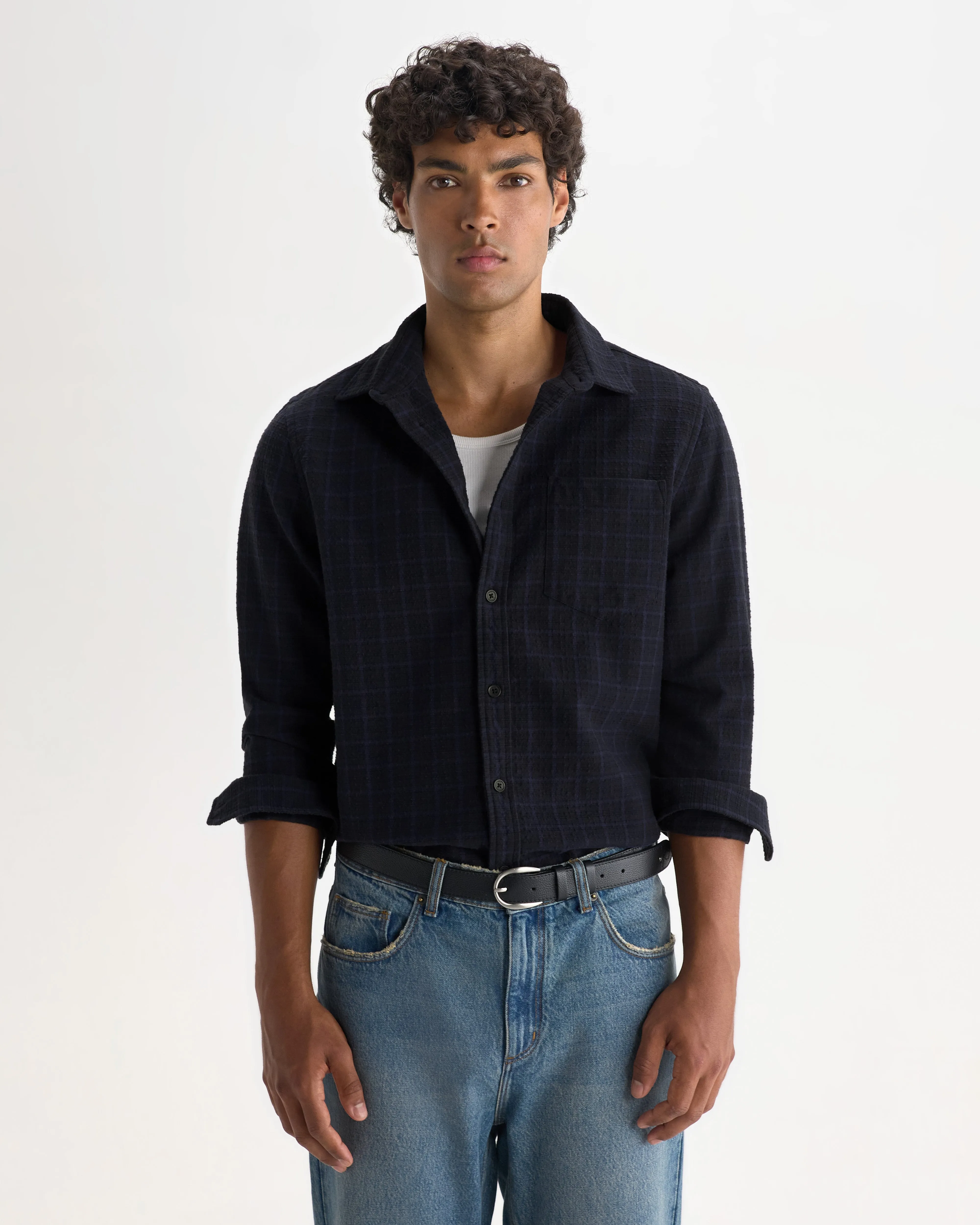Shelly - Navy And Black Check Dobby Cotton Shirt sold by Wax London product image thumbnail 2