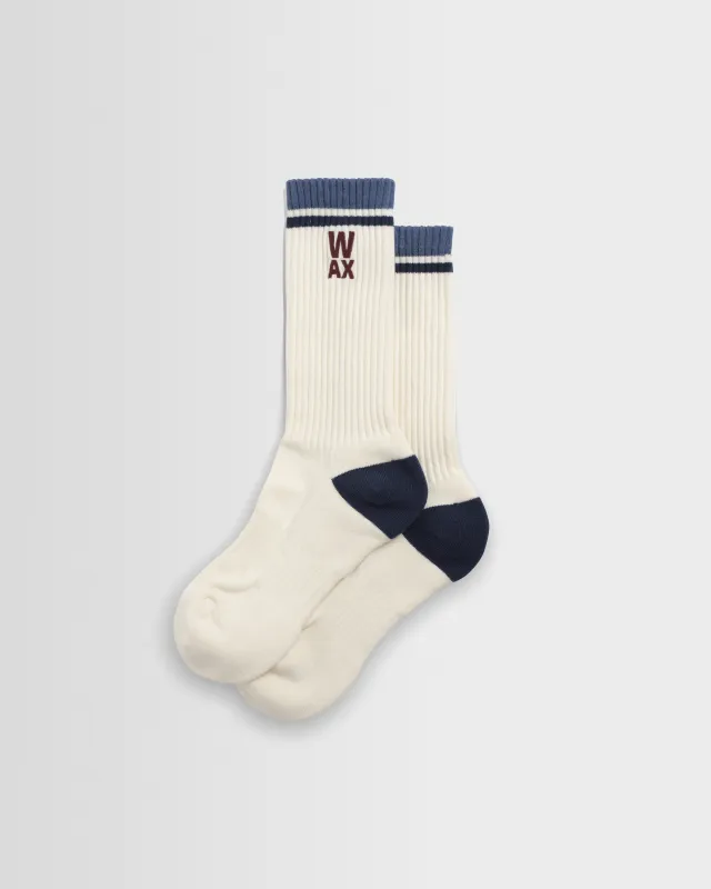 Thorpe - Ecru And Navy Branded Stripe Socks made by Wax London