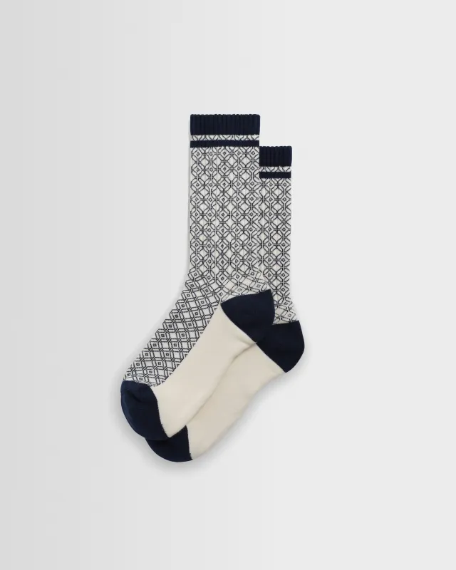 Thorpe - Ecru And Navy Diamond Jacquard Socks made by Wax London