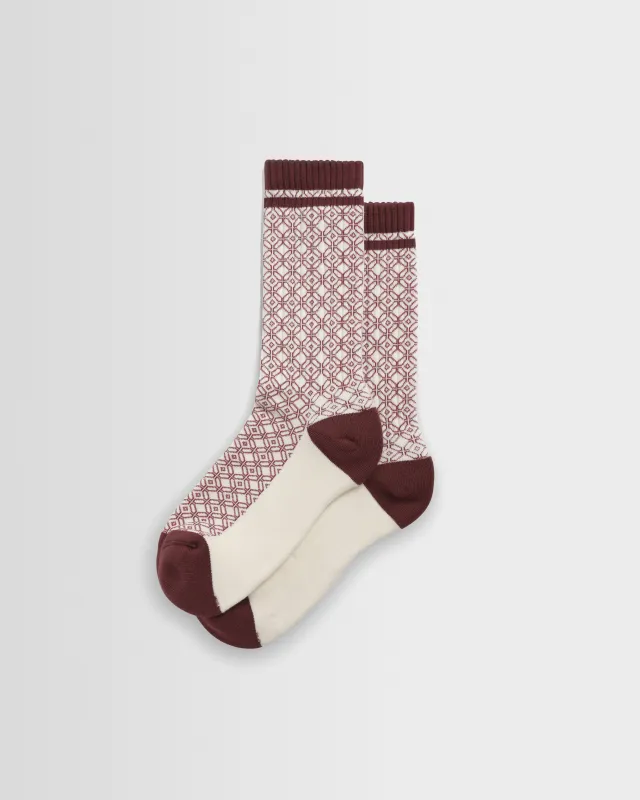 Thorpe - Ecru And Burgundy Diamond Jacquard Socks made by Wax London