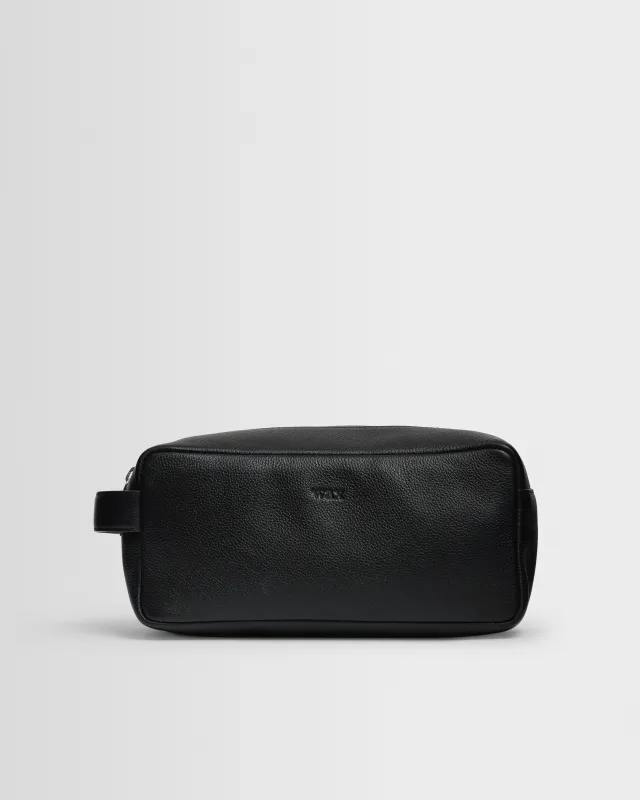 Wells - Black Grain Leather Wash Bag made by Wax London