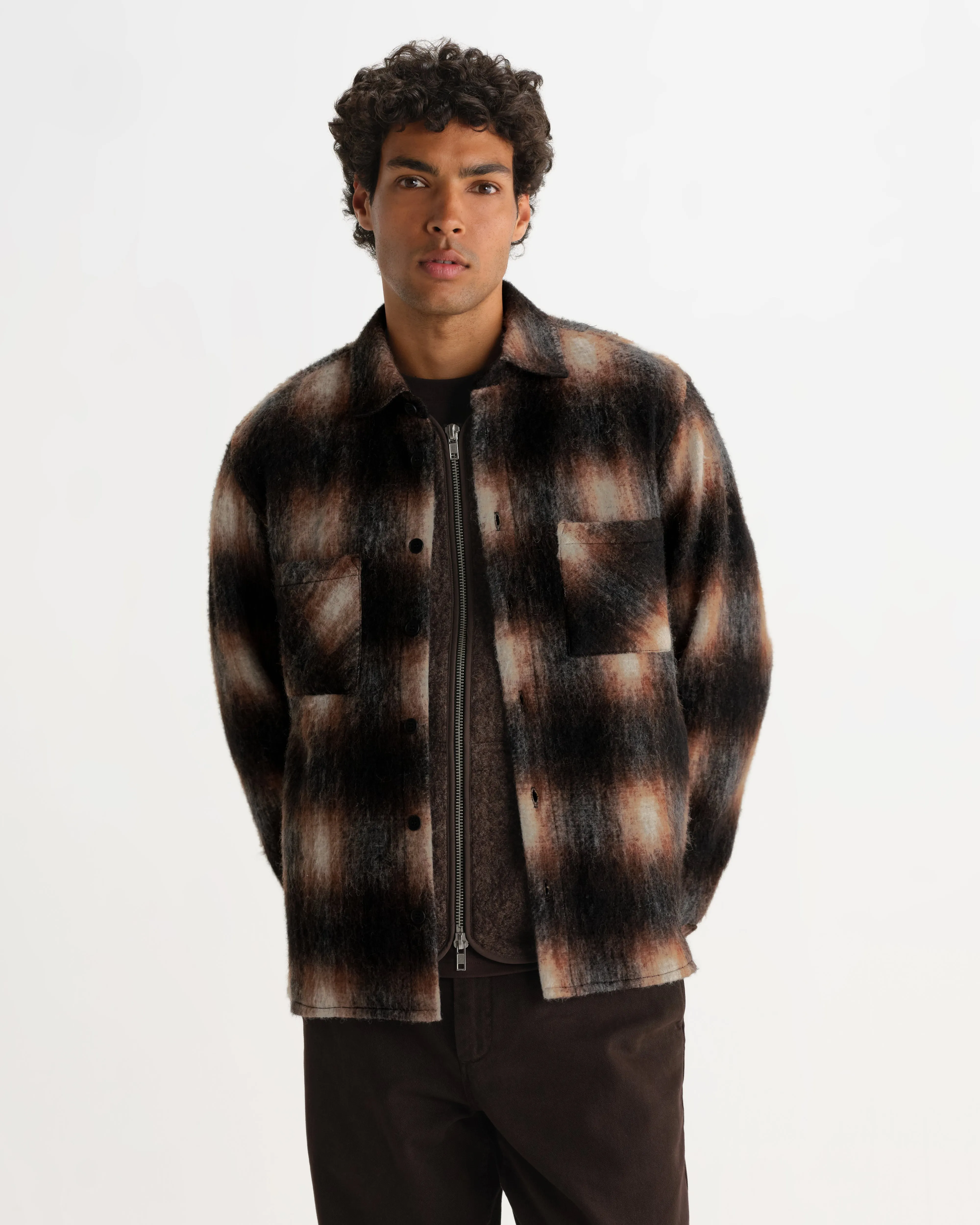 Whiting - Brown And Black Elm Wool Blend Check Overshirt sold by Wax London product image thumbnail 2