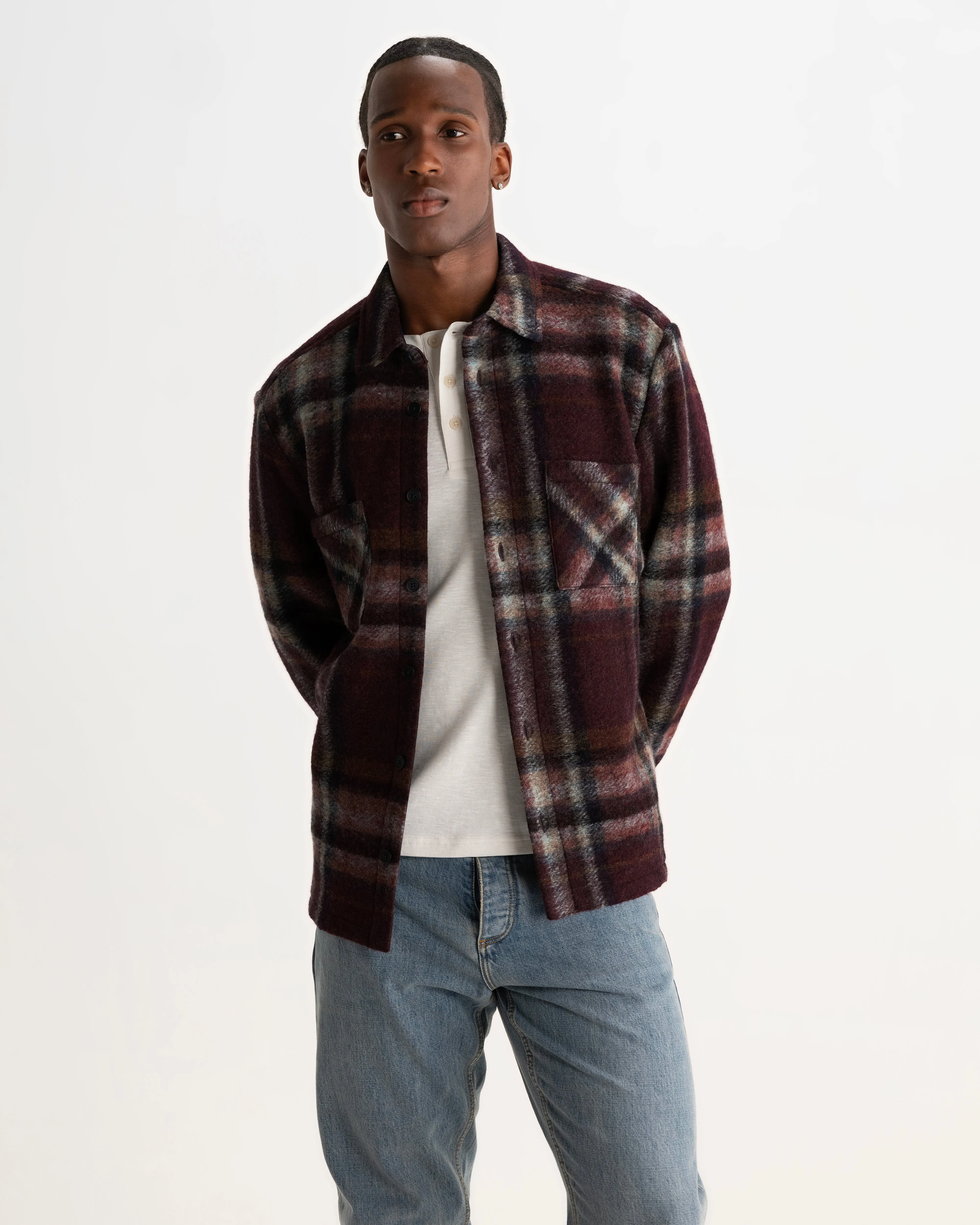 Whiting - Burgundy And Multicolour Lex Wool Blend Check Overshirt sold by Wax London product image thumbnail 2