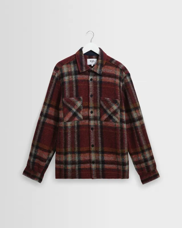 Whiting - Burgundy And Multicolour Lex Wool Blend Check Overshirt made by Wax London