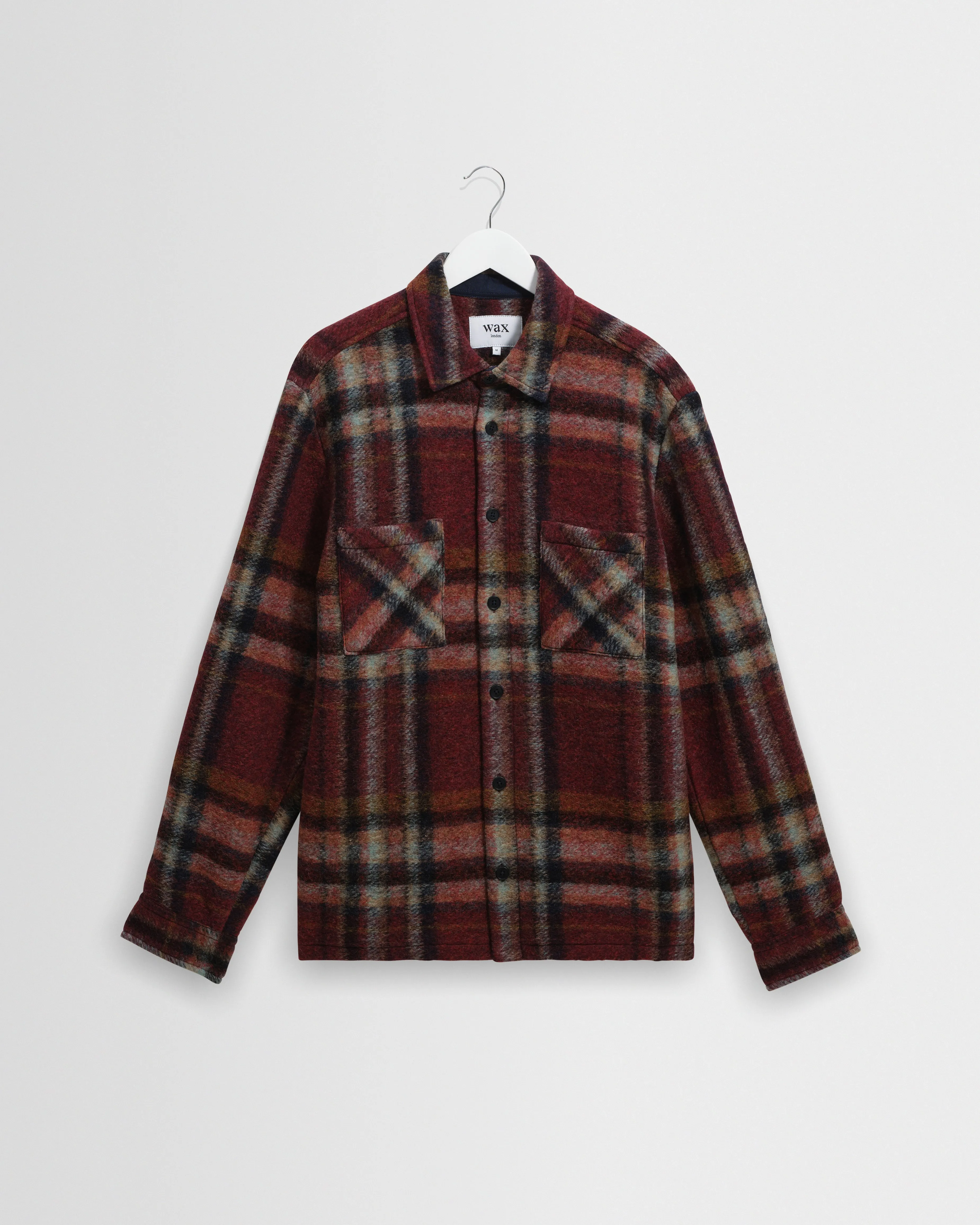 Whiting - Burgundy And Multicolour Lex Wool Blend Check Overshirt sold by Wax London