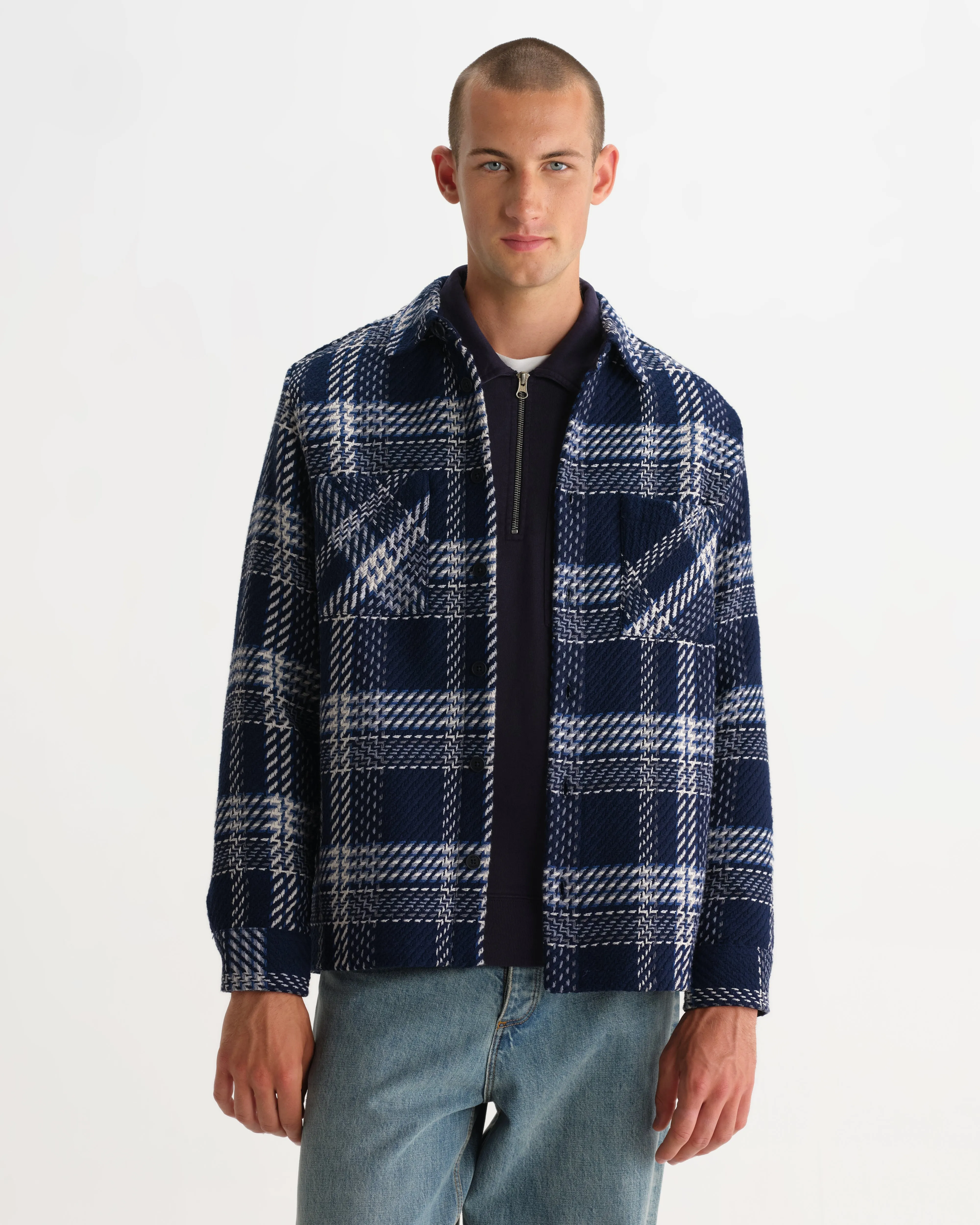 Whiting - Navy And Ecru Plaid Weave Check Overshirt sold by Wax London product image thumbnail 2