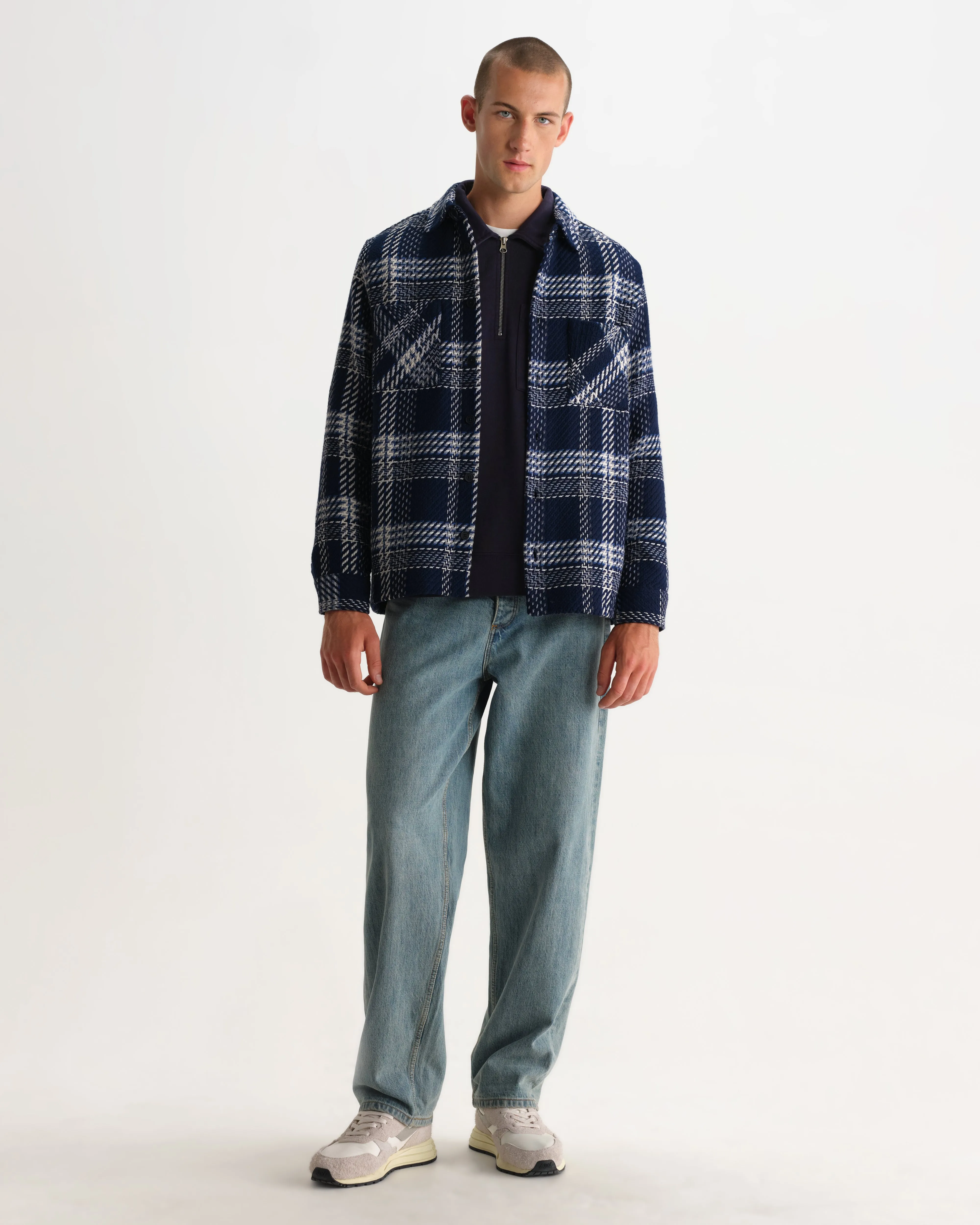 Whiting - Navy And Ecru Plaid Weave Check Overshirt sold by Wax London product image thumbnail 4