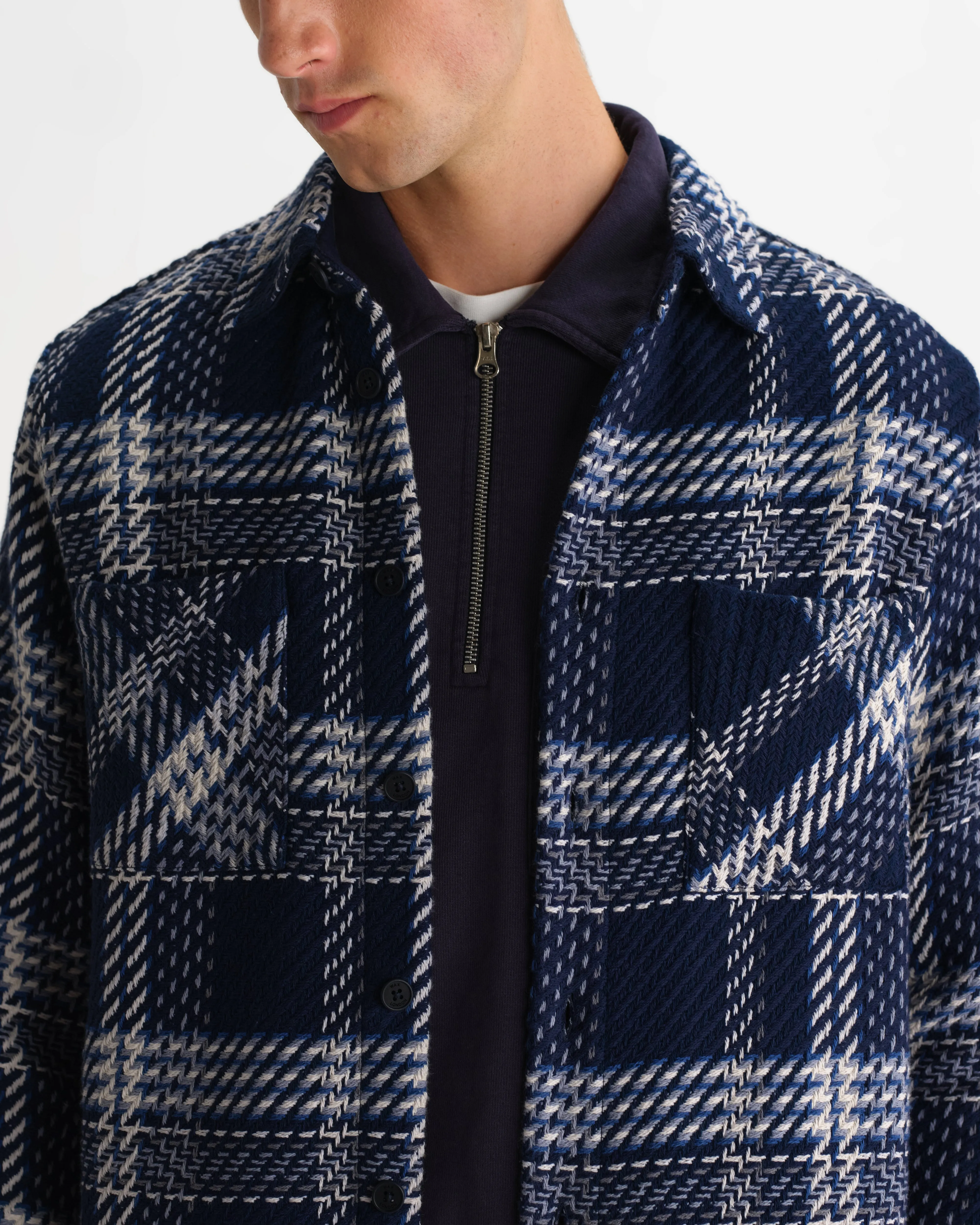 Whiting - Navy And Ecru Plaid Weave Check Overshirt sold by Wax London product image thumbnail 3