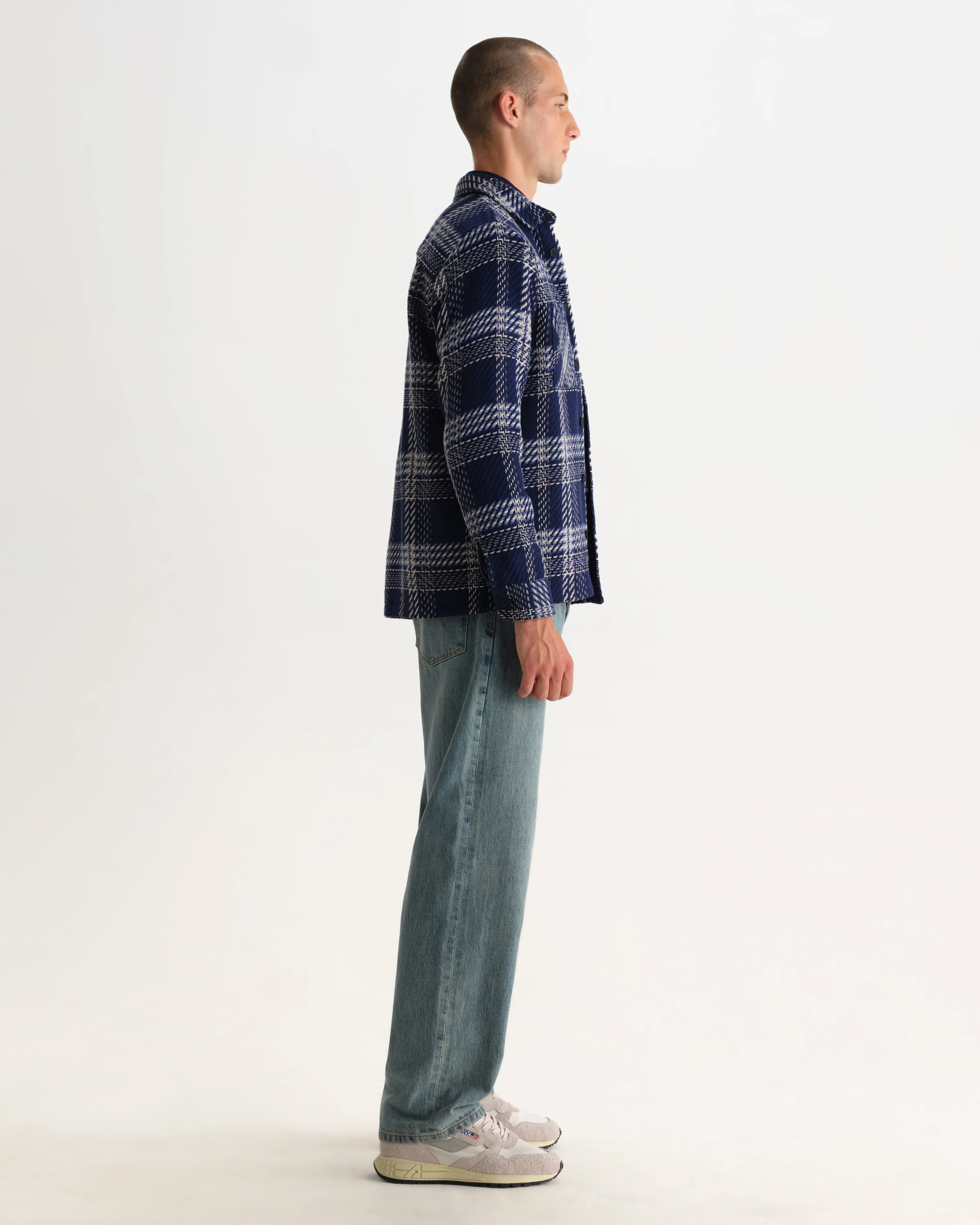 Whiting - Navy And Ecru Plaid Weave Check Overshirt sold by Wax London product image thumbnail 5