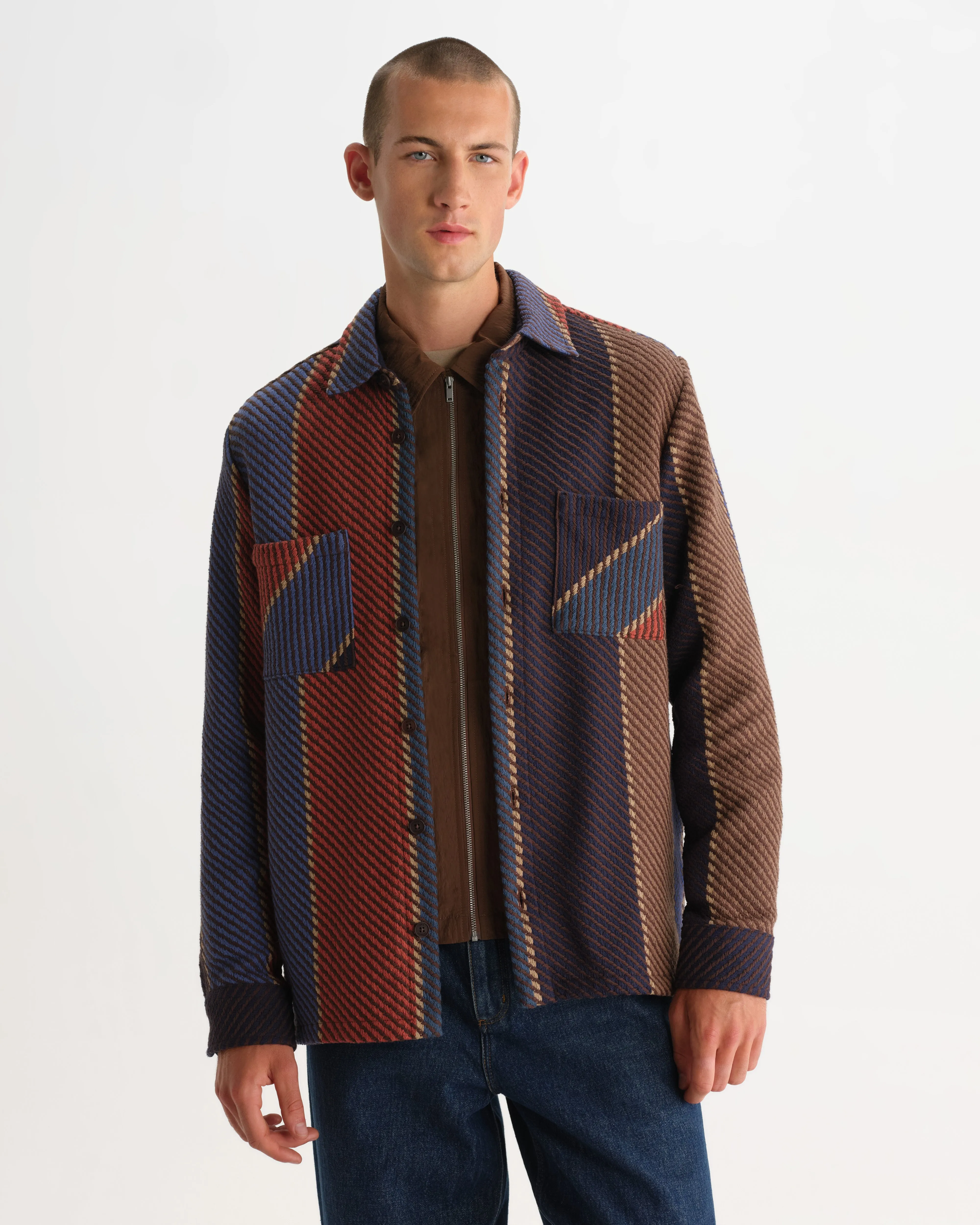 Whiting - Blue And Brown Walter Stripe Overshirt sold by Wax London product image thumbnail 2