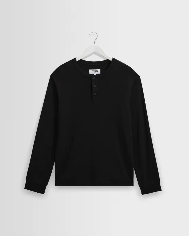 Caleb - Black Brushed Organic Cotton Henley Long-Sleeve T-Shirt made by Wax London