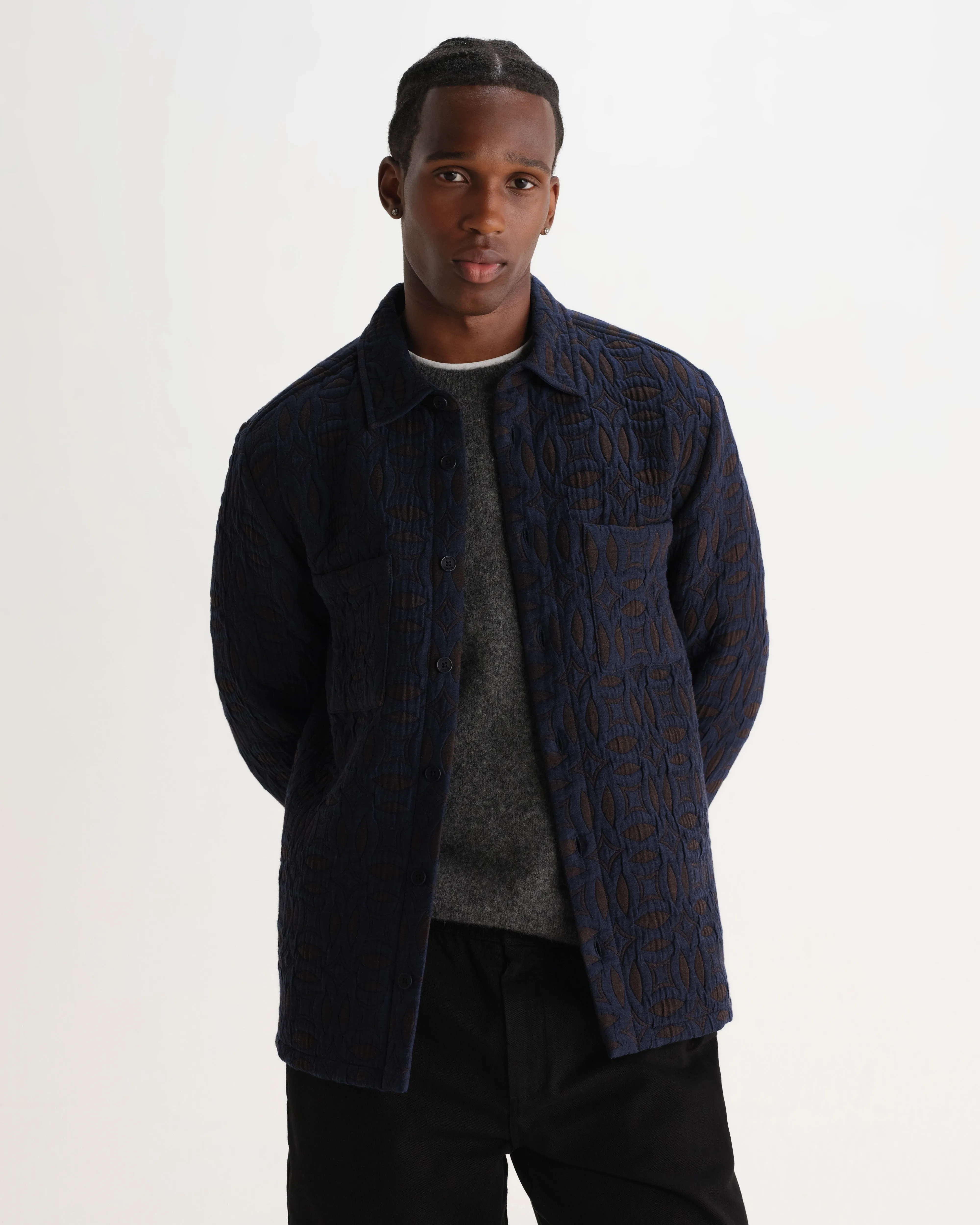 Otto - Navy And Brown Ornate Quilted Overshirt sold by Wax London product image thumbnail 2
