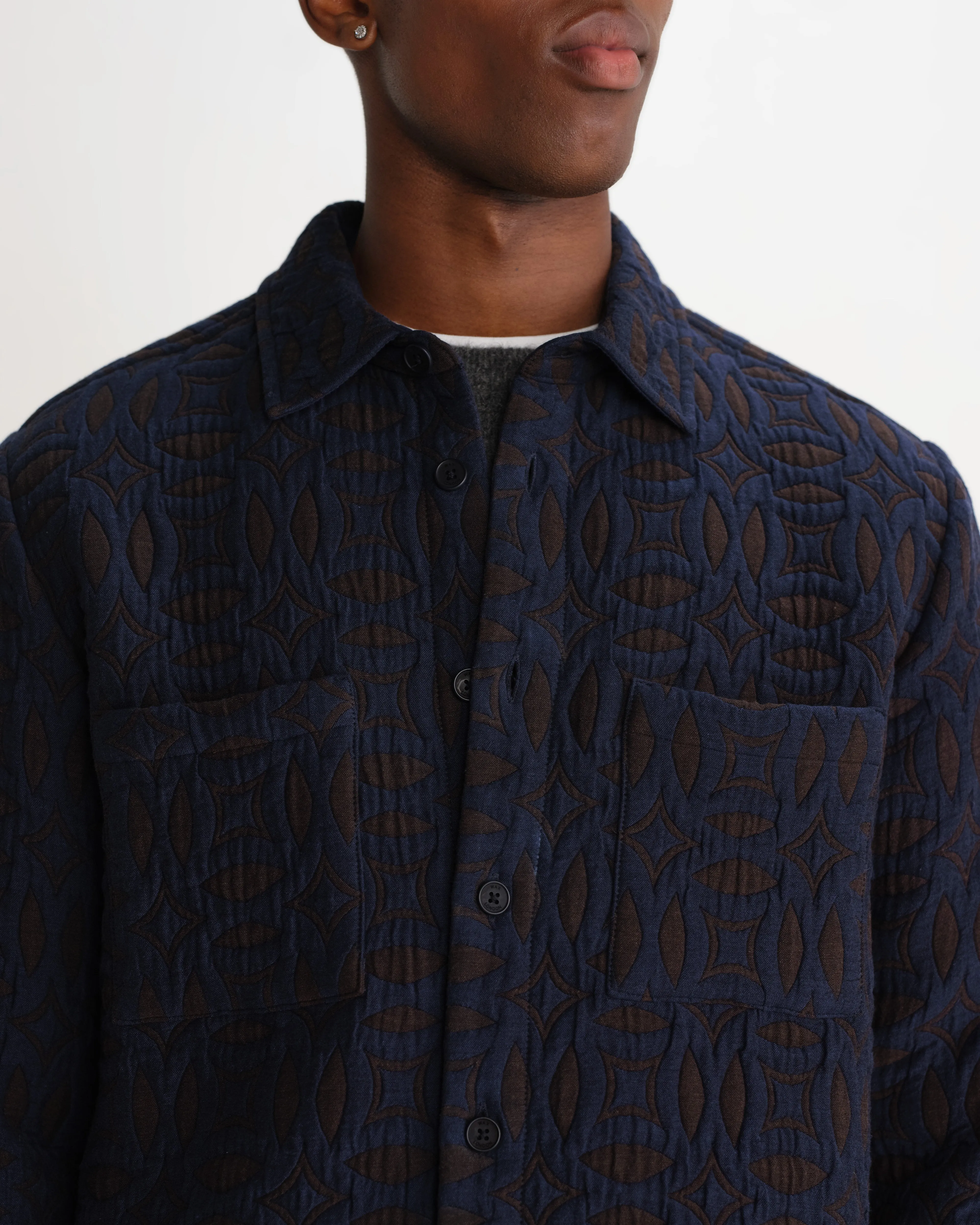 Otto - Navy And Brown Ornate Quilted Overshirt sold by Wax London product image thumbnail 3