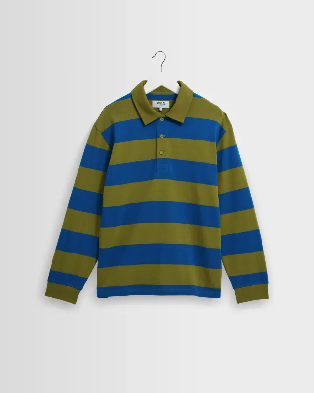 HARTLEY L/S POLO BLOCK STRIPE KHAKI GREEN / BRIGHT BLUE made by Wax London