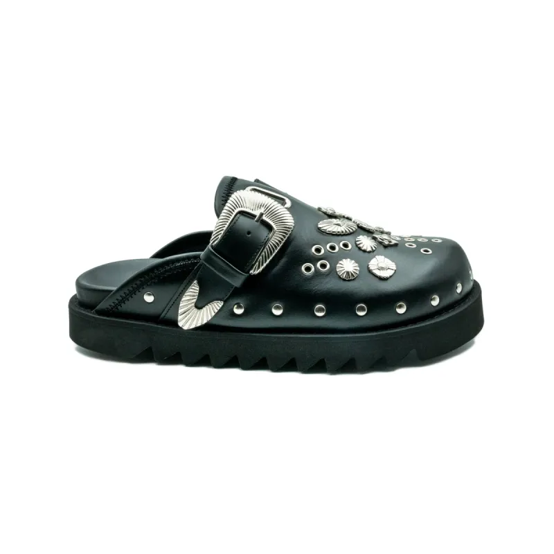 Toga Virilis Black Leather Eyelet Metal Sabot made by Brother Brother