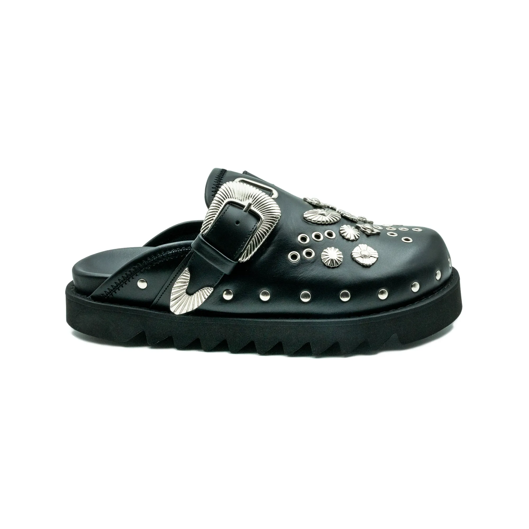 Toga Virilis Black Leather Eyelet Metal Sabot sold by Brother Brother
