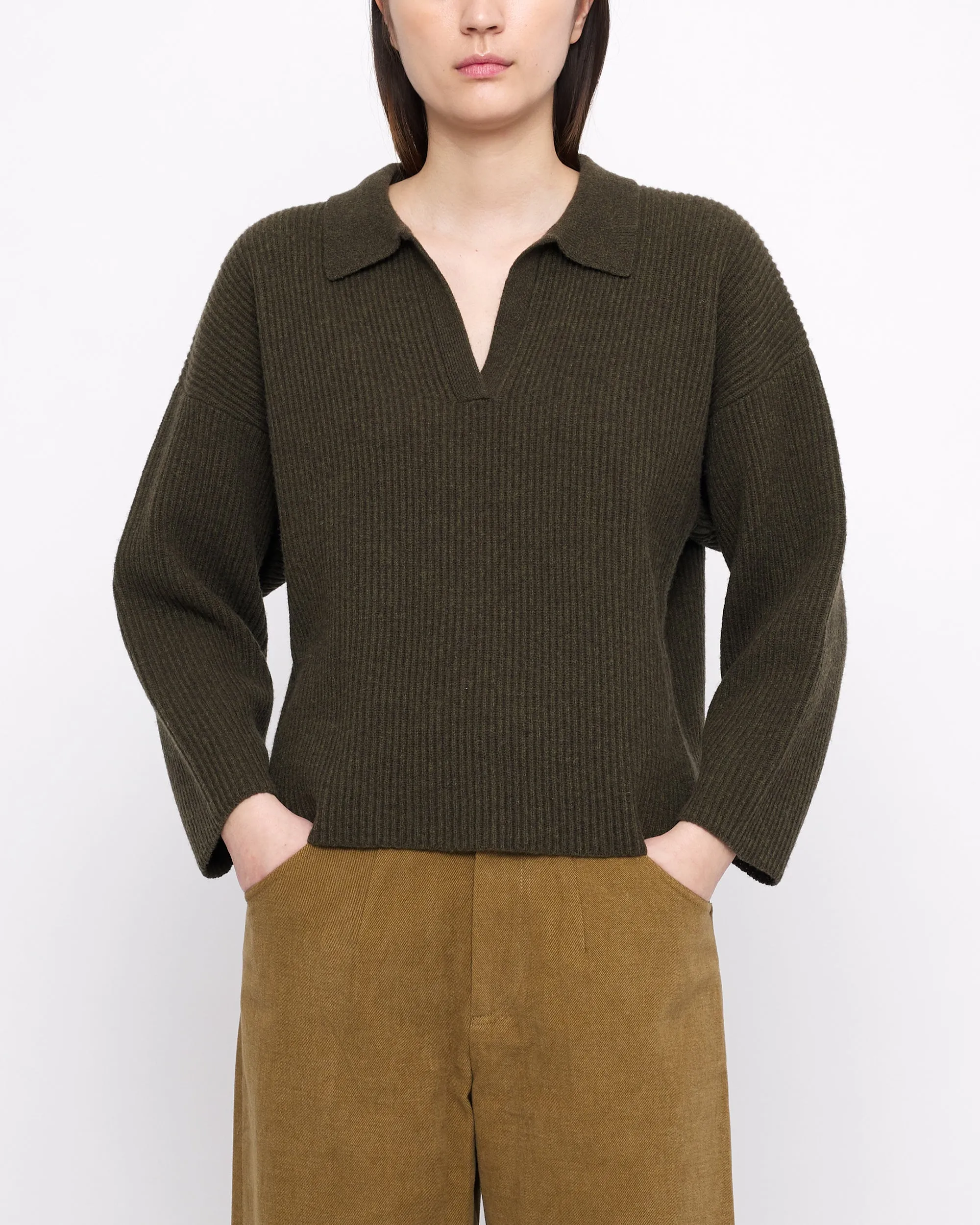 Ribbed Collared V-Neck Jumper - FW24 - Olive sold by 7115 by Szeki product image thumbnail 3