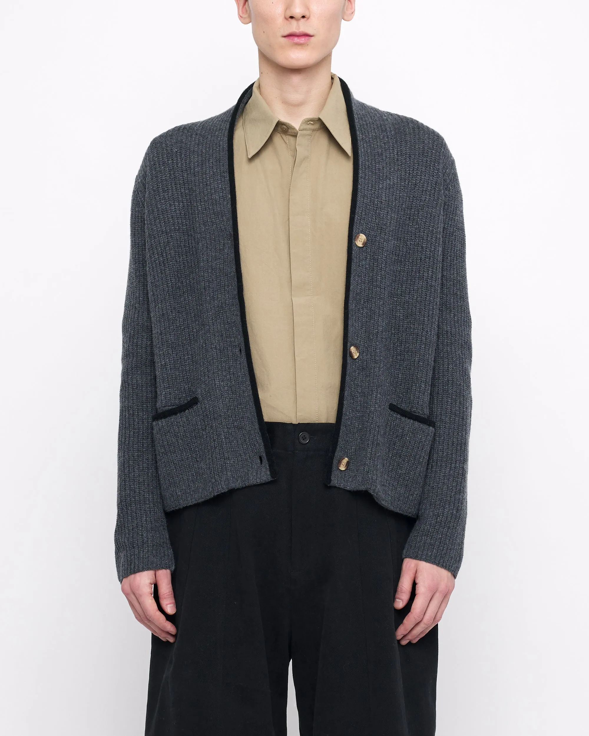 V-Neck Pockets Trimmed Cardigan - FW24 - Gray (Black) sold by 7115 by Szeki product image thumbnail 2