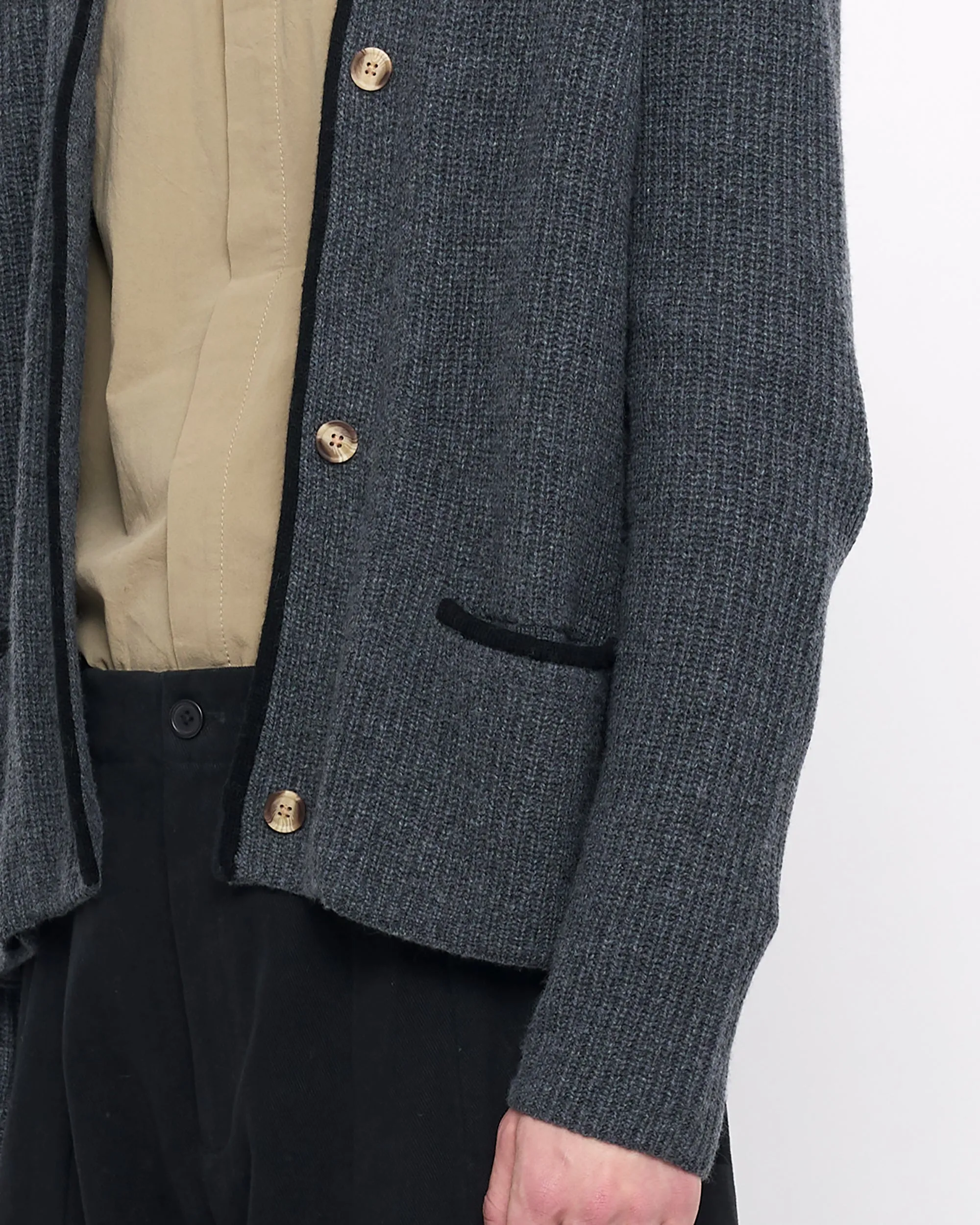 V-Neck Pockets Trimmed Cardigan - FW24 - Gray (Black) sold by 7115 by Szeki product image thumbnail 4