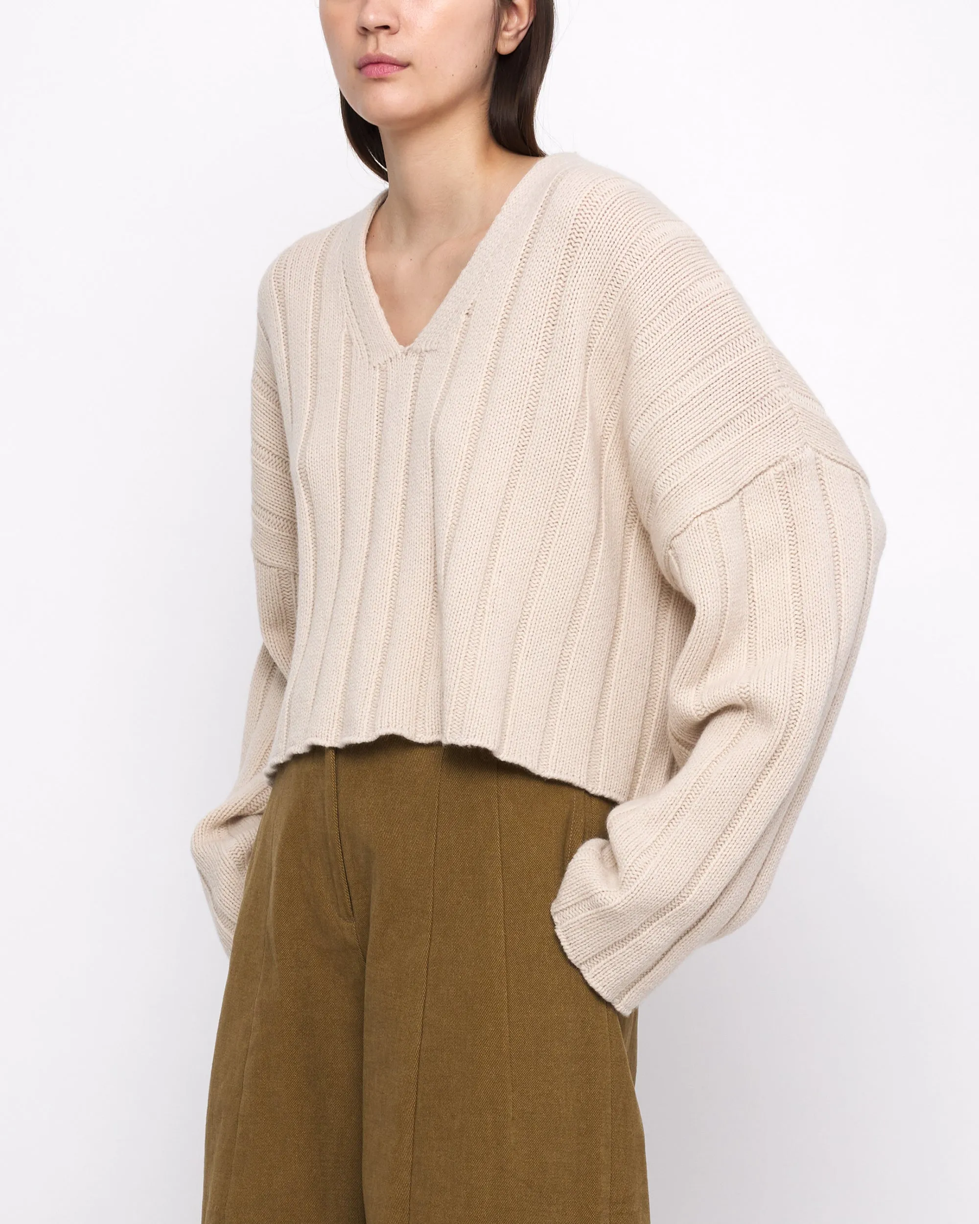 Oversized Ribbed V-Neck - Beige-White sold by 7115 by Szeki product image thumbnail 3