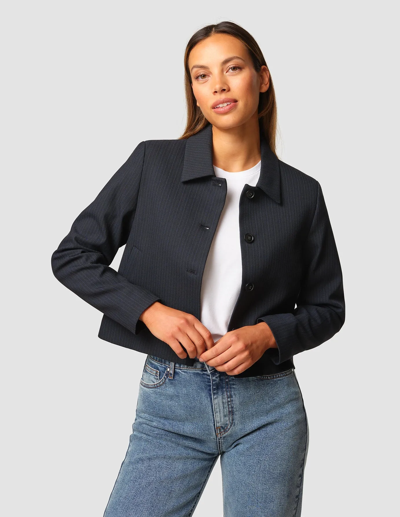 Serene Short Jacket Black Night Pinstripe sold by Shaping New Tomorrow