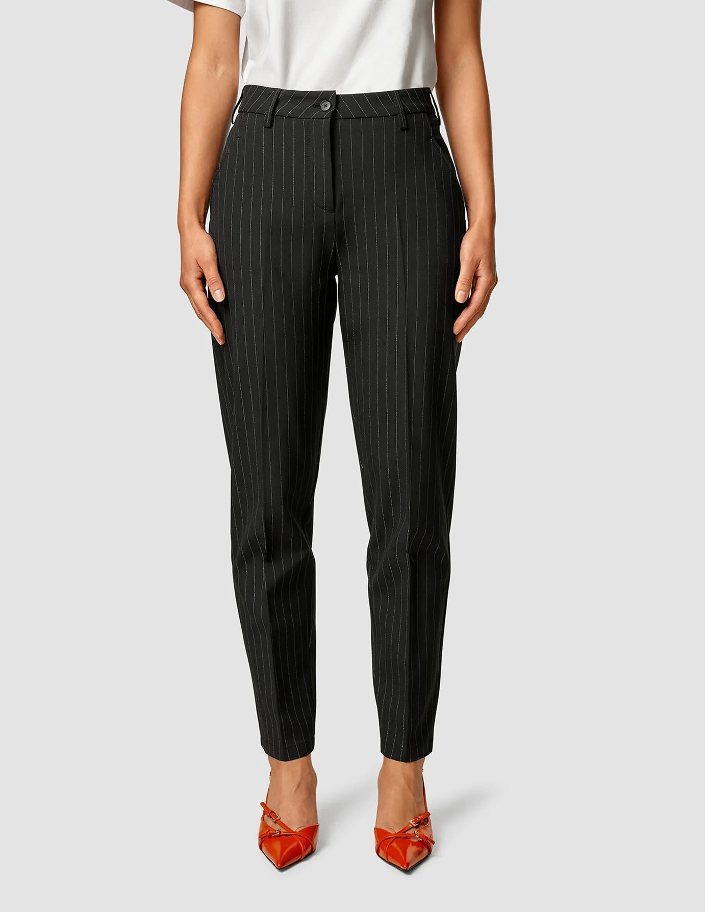 Essential Pants Tapered Black Silver Pinstripe sold by Shaping New Tomorrow