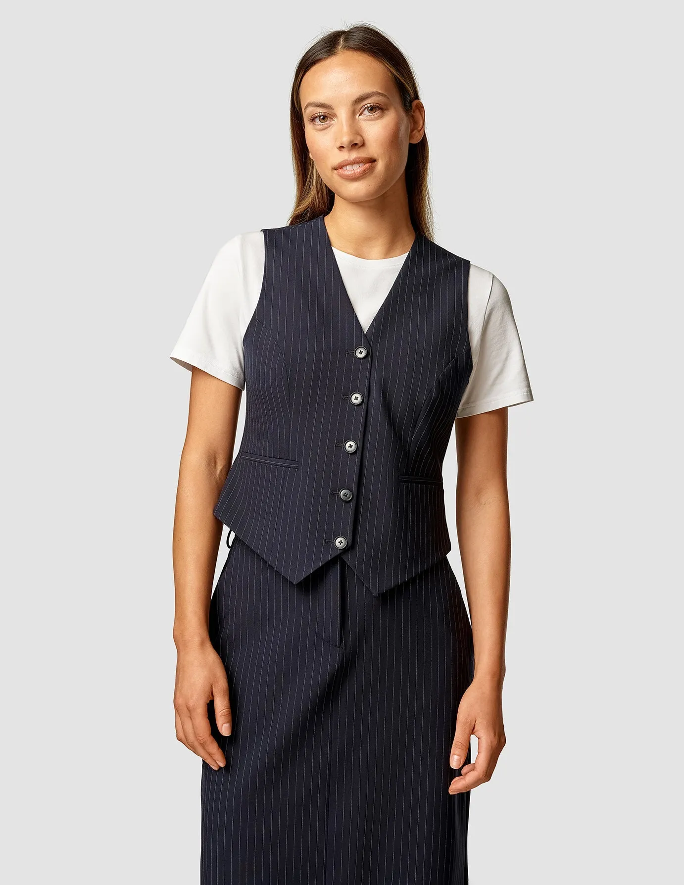 Essential Vest Short Navy Pinstripe sold by Shaping New Tomorrow product image thumbnail 2