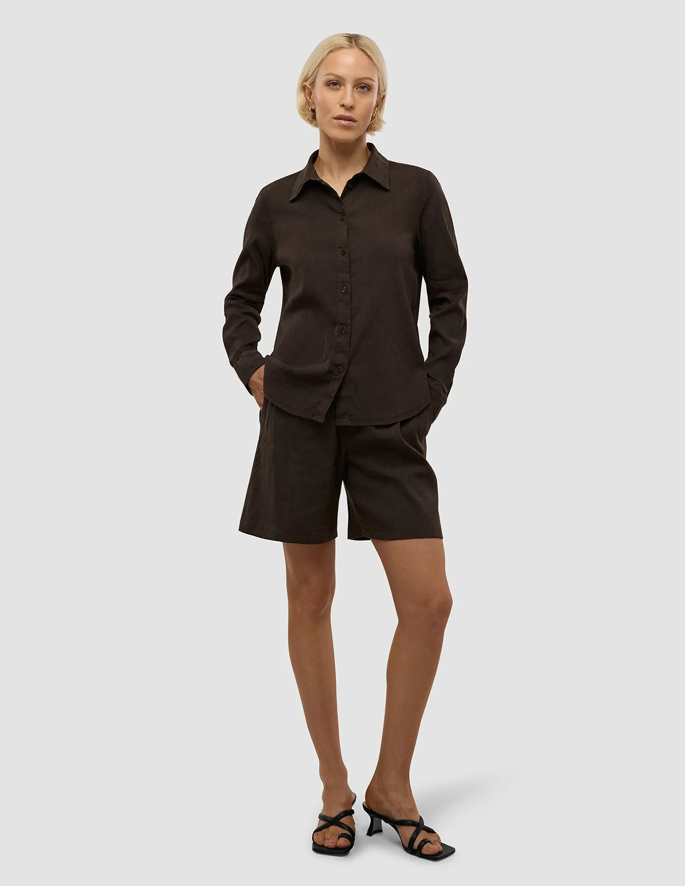 Linen Set Espresso Long Sleeved Shirt & Relaxed Shorts sold by Shaping New Tomorrow