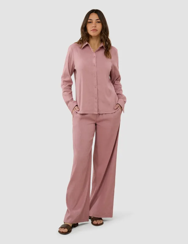 Linen Set Dusty Cerise Long Sleeved Shirt & Relaxed Pants sold by Shaping New Tomorrow