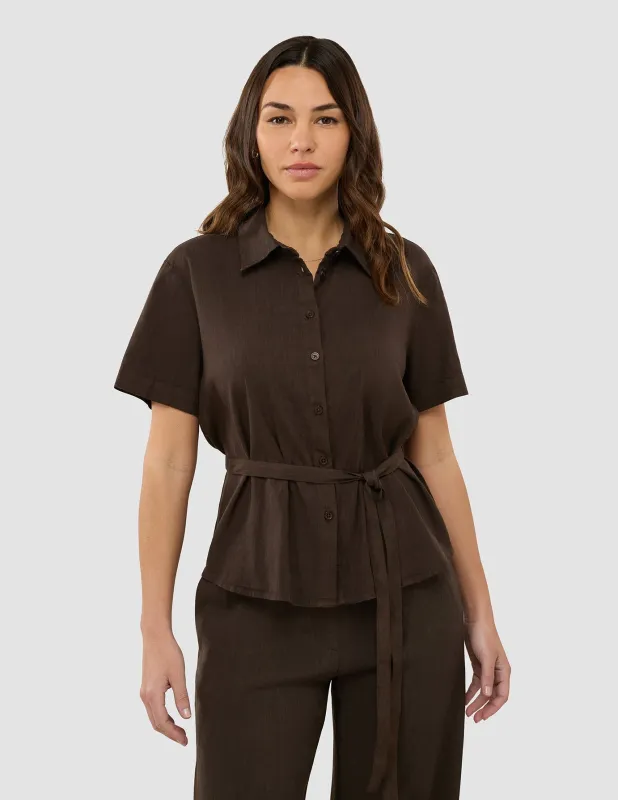 Women's Linen Shirt Short Sleeved Espresso sold by Shaping New Tomorrow