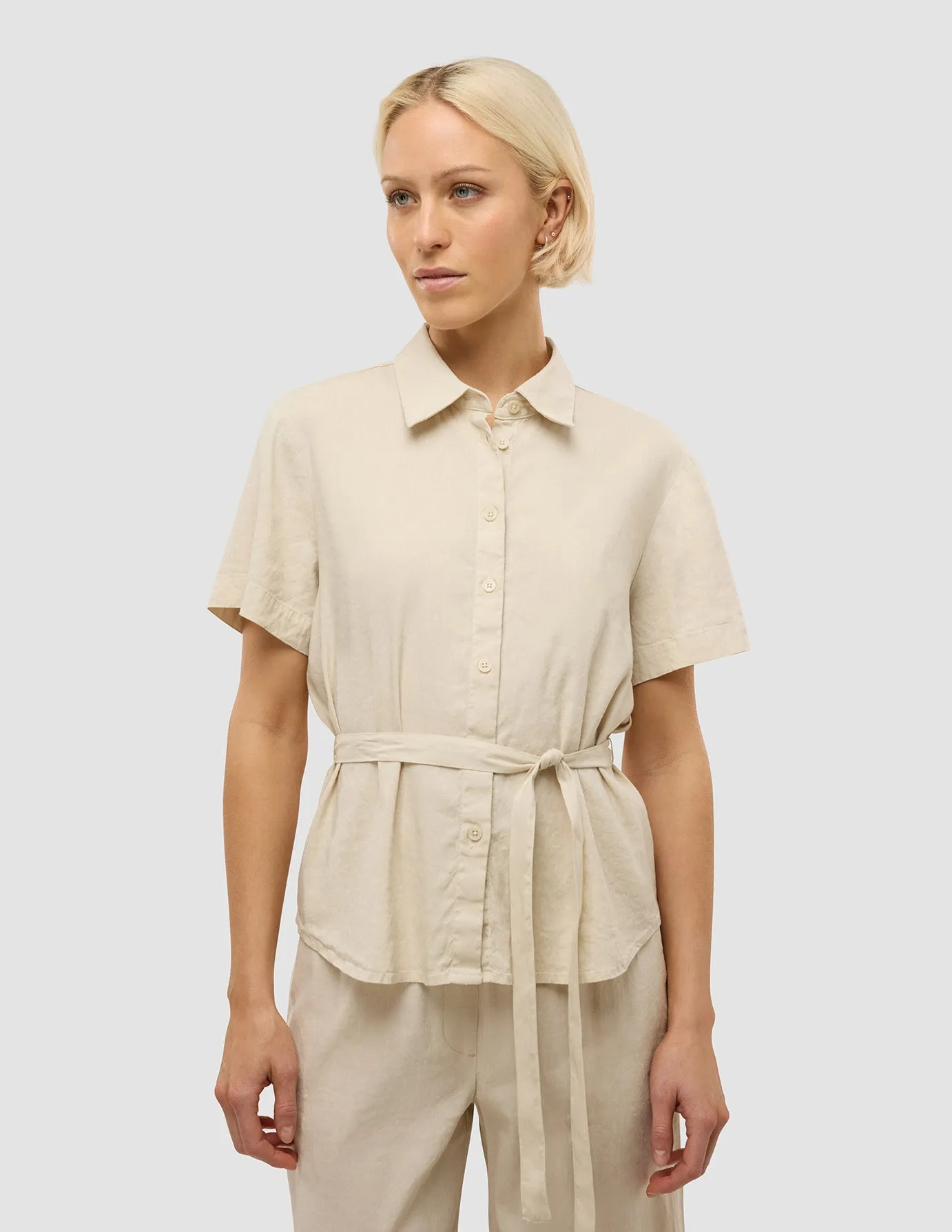 Women's Linen Shirt Short Sleeved Sandy Beige sold by Shaping New Tomorrow