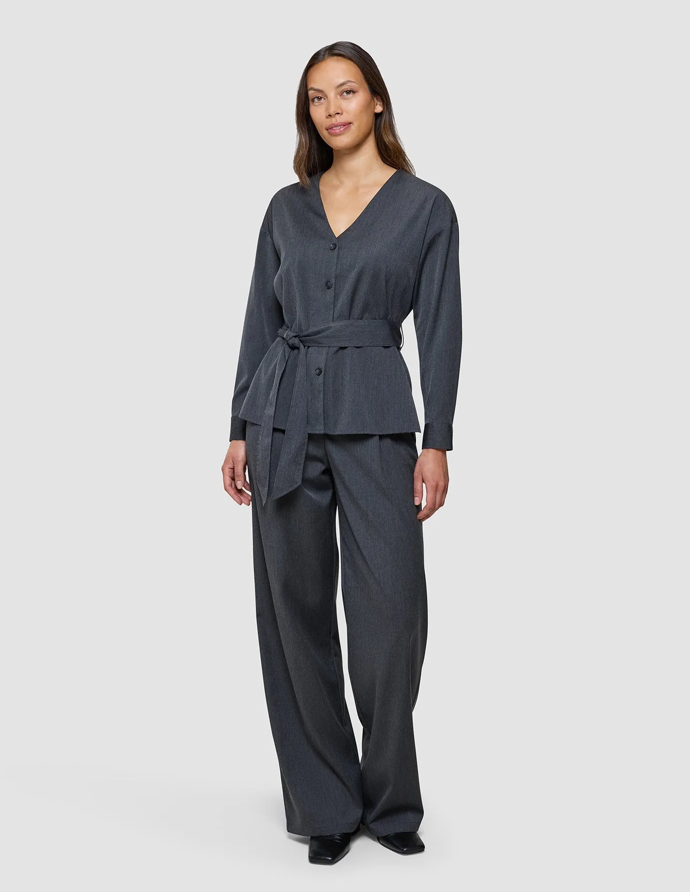 Skye Set Charcoal Melange Belted Overshirt & Wide Pants sold by Shaping New Tomorrow